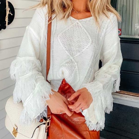 03 Cozy Fringe Sleeve Knit Oversized Sweater Top - Picture 4 of 6